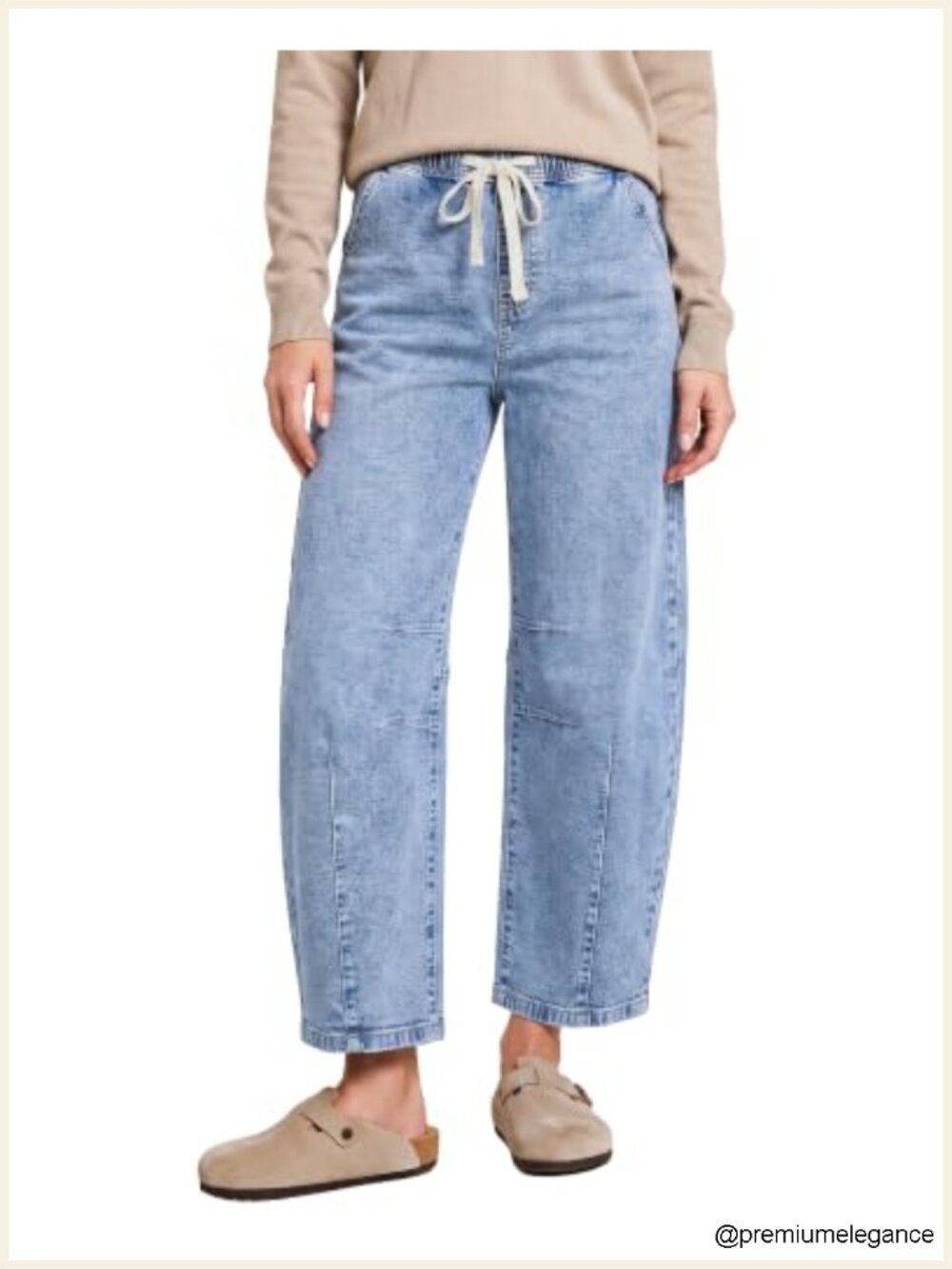 High Waisted Barrel Leg Pull-On Denim Jeans with Drawstring, 27" Inseam